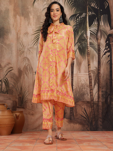 Women Yellow Floral Printed Chinnon Kurta with Palazzos