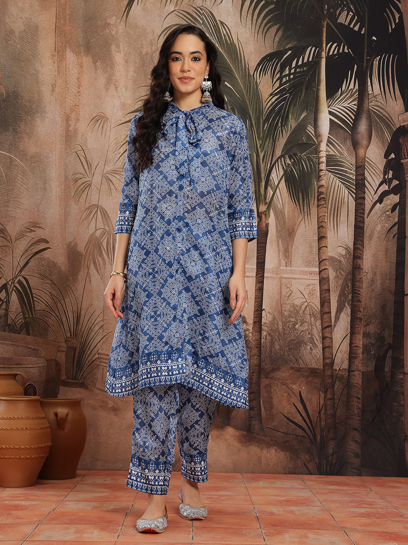 Women Blue Printed Kurta Palazzo Set