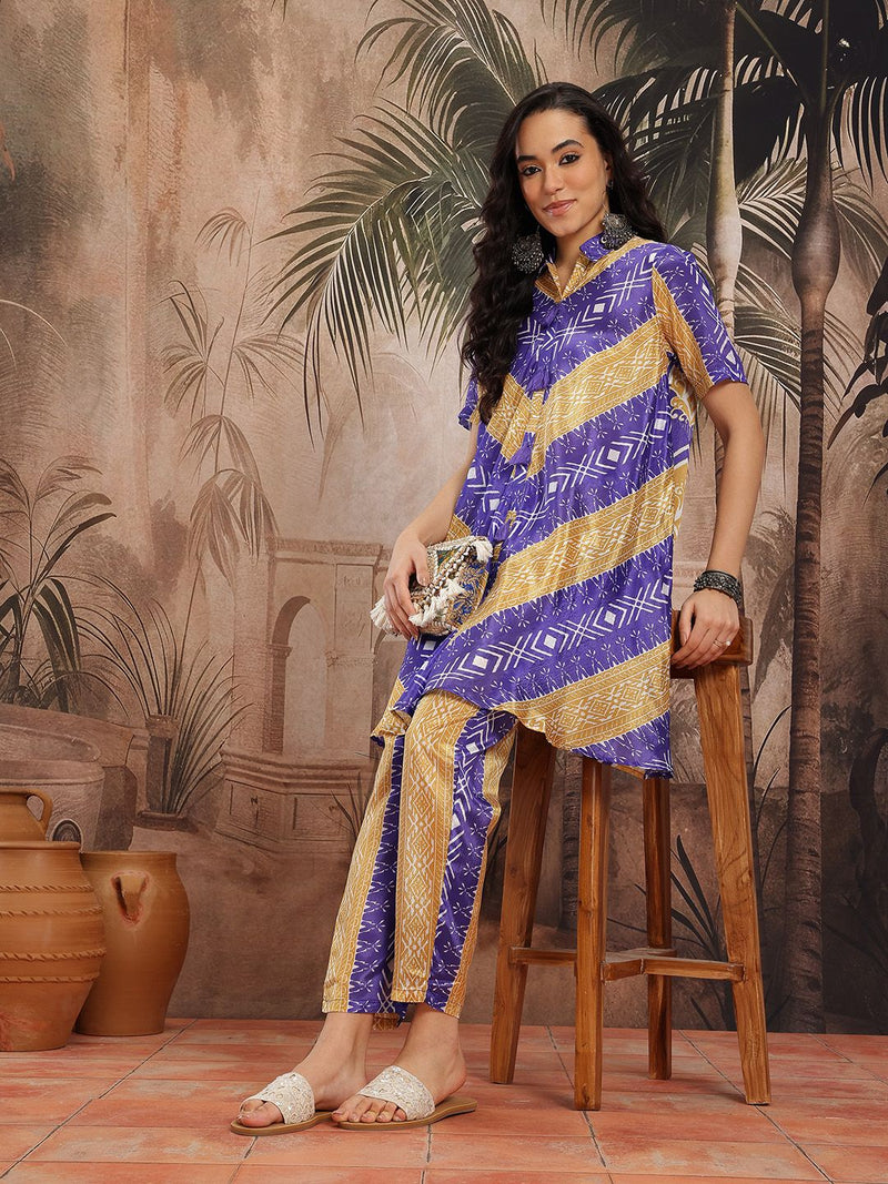 Women Blue Printed Chinnon Kurta with Palazzos