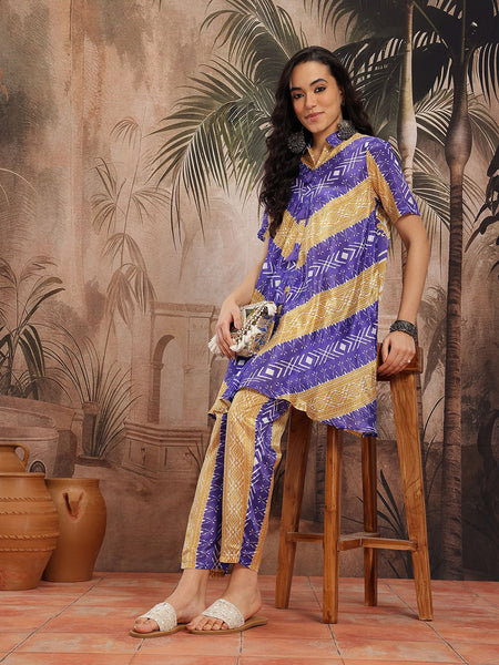 Women Blue Printed Chinnon Kurta with Palazzos