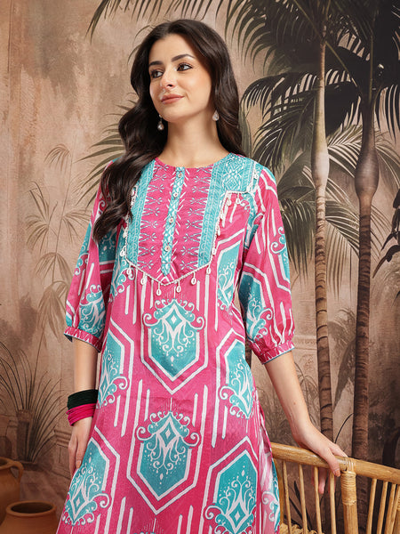 Women Pink Printed Kurta Palazzo Set
