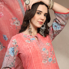 Women Peach Floral Printed Pure Cotton Round Neck Kurta & Trousers With Dupatta