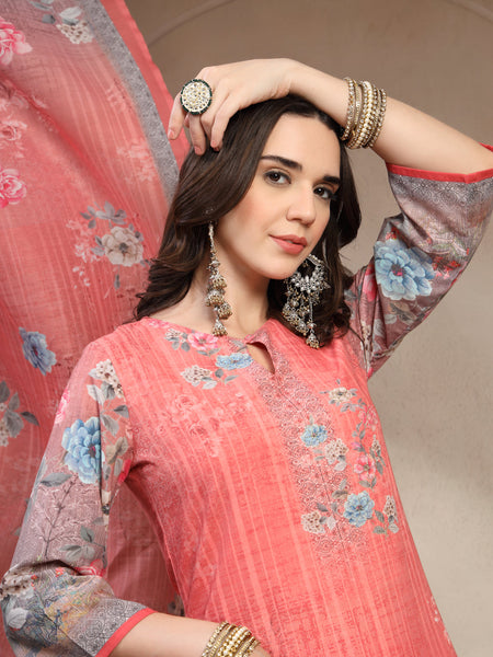 Women Peach Floral Printed Pure Cotton Round Neck Kurta & Trousers With Dupatta