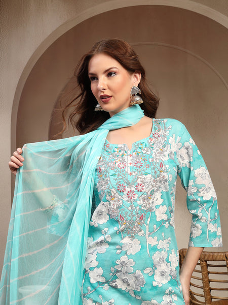 Women Turquoise Blue Pure Cotton Kurta Sets