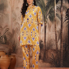 Women Yellow Printed Chinnon Kurta with Palazzos
