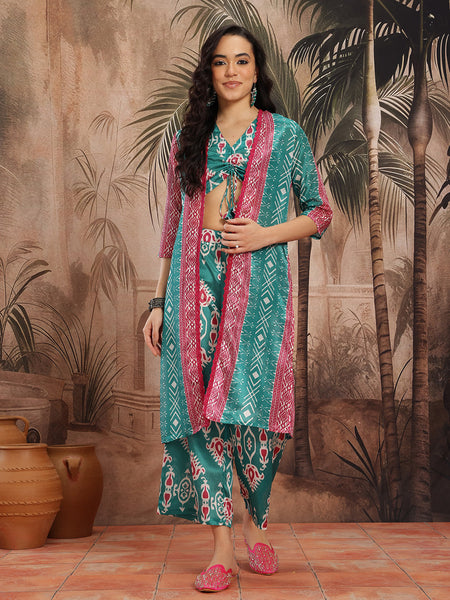 Women Green Printed Top Palazzo Set