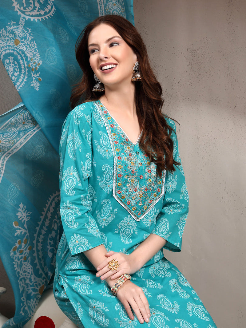 Women Turquoise Blue Pure Cotton Kurta Set