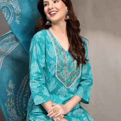 Women Turquoise Blue Pure Cotton Kurta Set