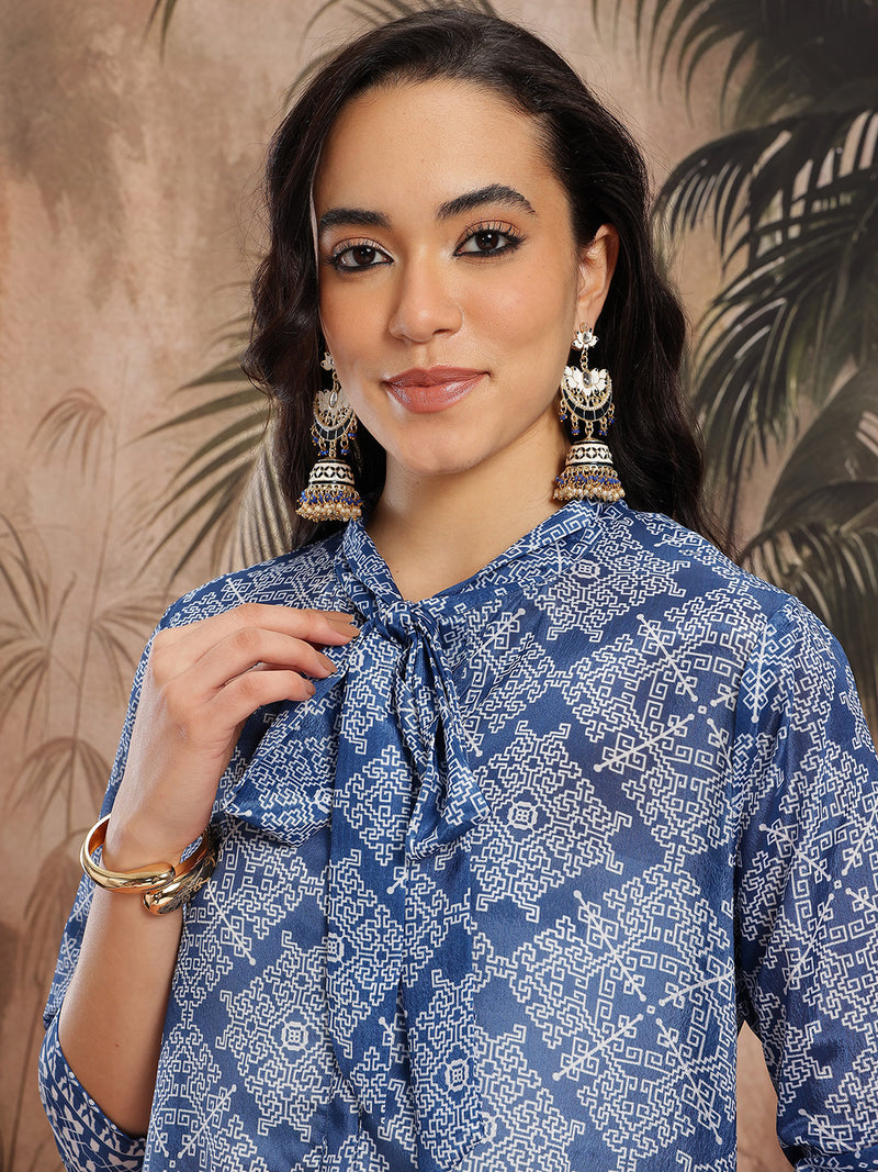 Women Blue Printed Kurta Palazzo Set
