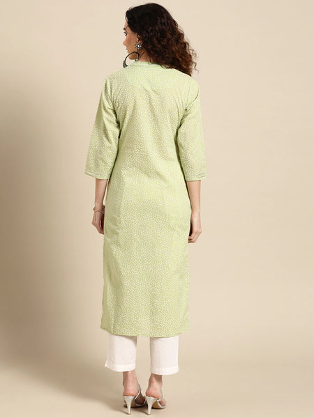Women Green Embroidered Straight Cotton Kurta