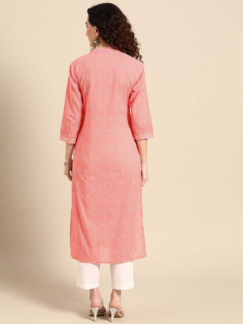 Women Pink Embroidered Straight Cotton Kurta