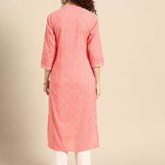 Women Pink Embroidered Straight Cotton Kurta