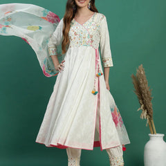 Women White Embroidered Angrakha Kurta Set