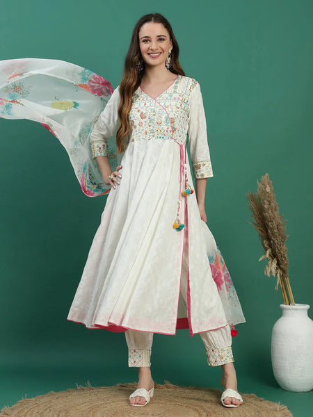 Women White Embroidered Angrakha Kurta Set