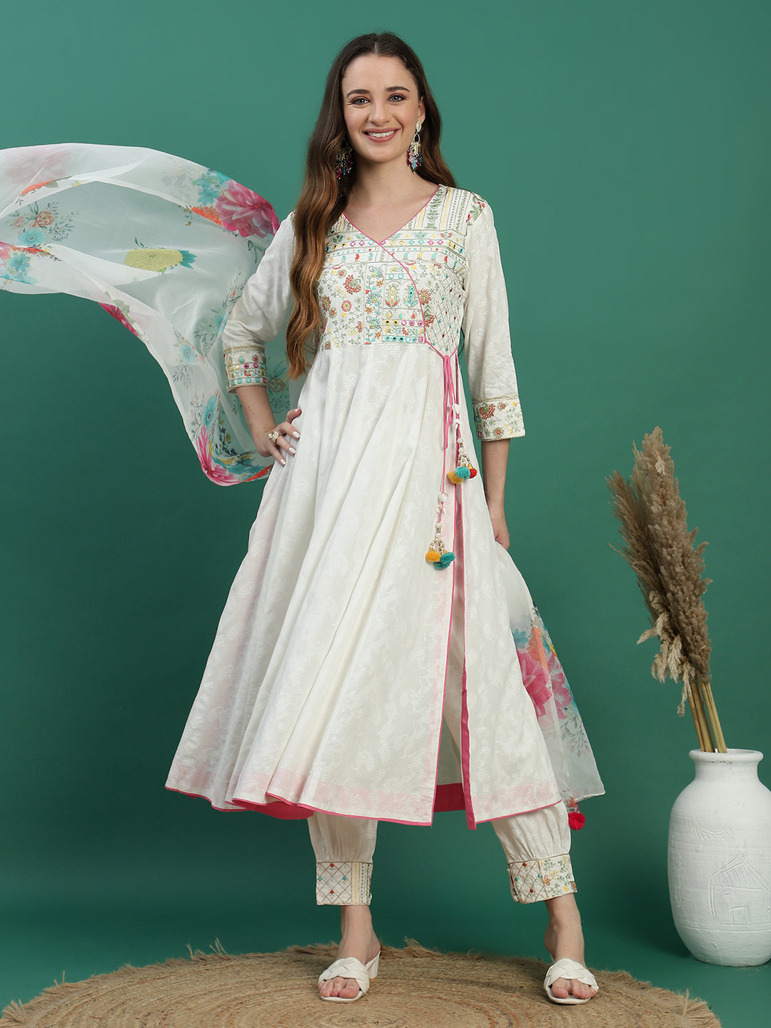 Women White Color Embroidery Angrekha Kurta Pant With Dupatta Set