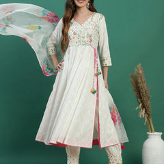 Women White Embroidered Angrakha Kurta Set
