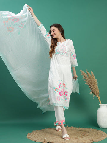 Women White Color Printed Kurta Pant With Dupatta Set