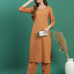Women Mustard Cotton Embroidered & Printed Straight Kurta Set