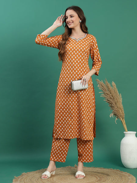 Women Mustard Cotton Embroidered & Printed Straight Kurta Set
