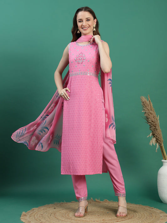 Women Pink Color Embroidery Cutslevee Kurta Pant With Dupatta Set