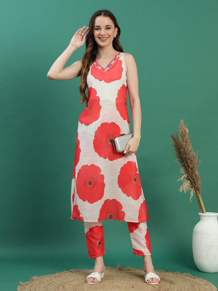 Women White Embroidered Sleeveless A-Line Kurta Set