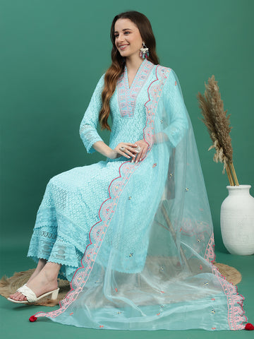 Women Turquoise Color Embroidery Anarkali Kurta Sharara With Dupatta Set