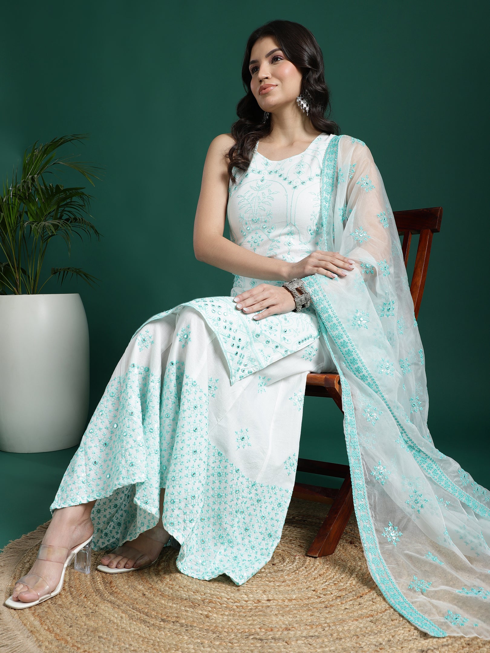 Women White Color Embroidery Kurta Sharara With Dupatta Set