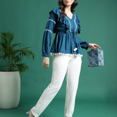 Women Blue V-Neck Gathered Cotton Peplum Tops