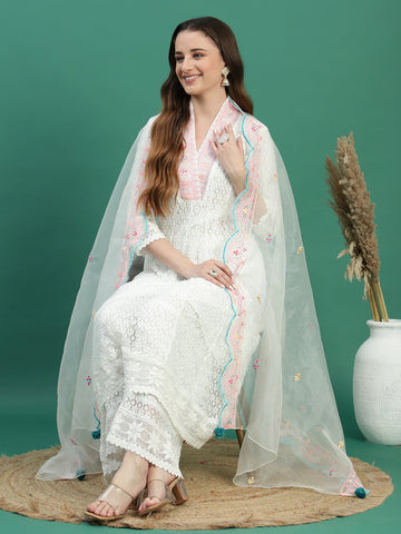 Women White Color Ethnic Motifs Embroidered Regular Sequinned Kurta with Sharara & With Dupatta