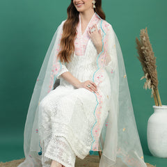 Women Floral Embroidered Sequinned V-Neck A-Line Kurta With Palazzo & Dupatta