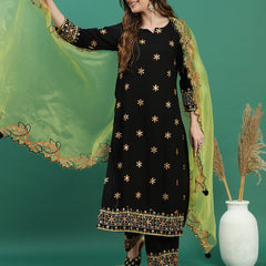 Women Black Embroidered Straight Kurta Set