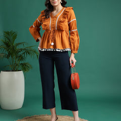 Women Mustard Color V-Neck Gathered Cotton Peplum Tops