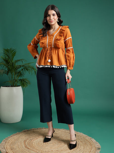 Women Mustard Color V-Neck Gathered Cotton Peplum Tops