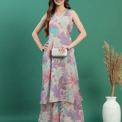 Women Beige Floral Printed Mirror Work V-Neck Straight Kurta With Trousers