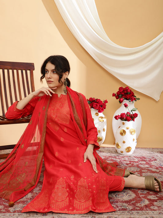 Women Red Color Self Design kurta Pant With Dupatta Set