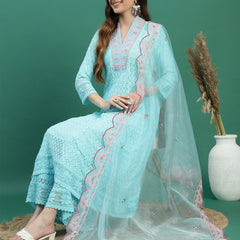 Women Turquoise Blue Embroidered Anarkali Kurta Set