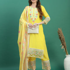 Women Yellow Cotton Embroidered Straight Kurta Set