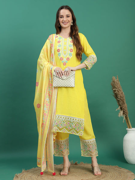 Women Yellow Cotton Embroidered Straight Kurta Set