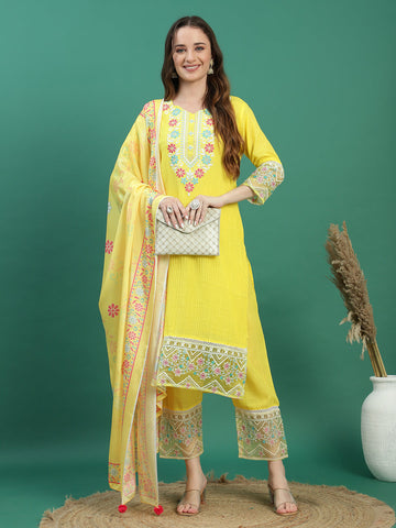 Women Yellow Color Embroidery Kurta Pant With Dupatta Set