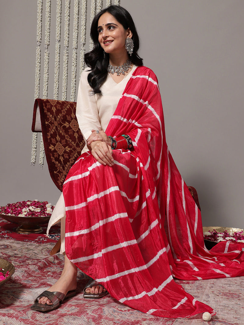 Women Off White V-Neck Straight Kurta With Trousers & Dupatta