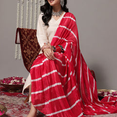 Women Off White V-Neck Straight Kurta With Trousers & Dupatta