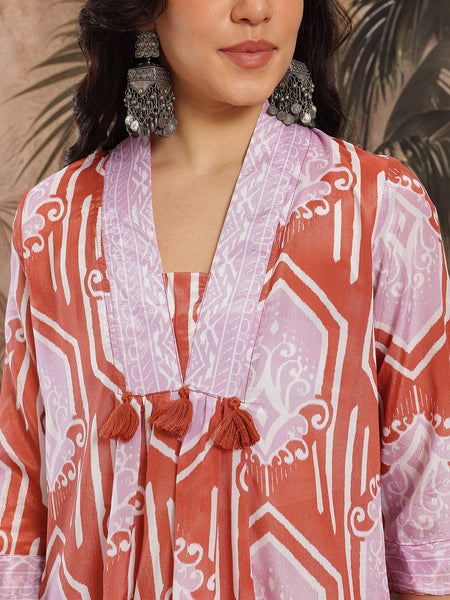 Women Mauve Abstract Printed Chinnon Kurta with Palazzos