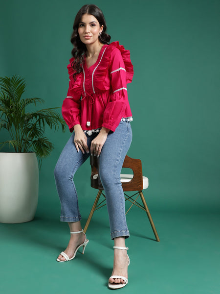 Women Pink Color V-Neck Gathered Cotton Peplum Tops