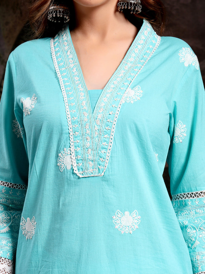 Women Turquoise Blue Pure Cotton Kurta Sets