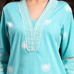 Women Turquoise Blue Pure Cotton Kurta Sets