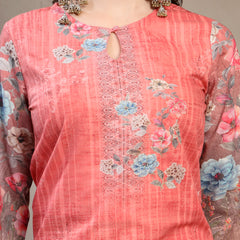 Women Peach Floral Printed Pure Cotton Round Neck Kurta & Trousers With Dupatta