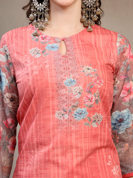 Women Peach Floral Printed Pure Cotton Round Neck Kurta & Trousers With Dupatta