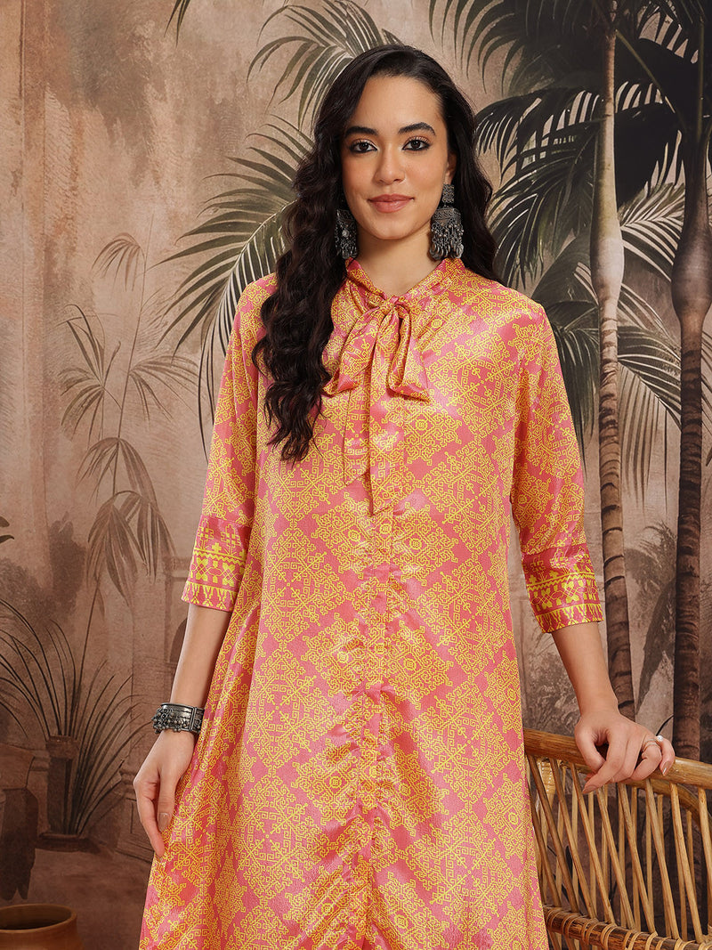 Women Yellow Floral Printed Chinnon Kurta with Palazzos