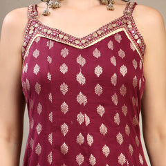 Women Burgundy  Woven Design & Embroidered Pure Cotton V-Neck Kurta & Trousers With Dupatta
