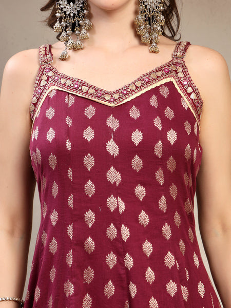 Women Burgundy  Woven Design & Embroidered Pure Cotton V-Neck Kurta & Trousers With Dupatta